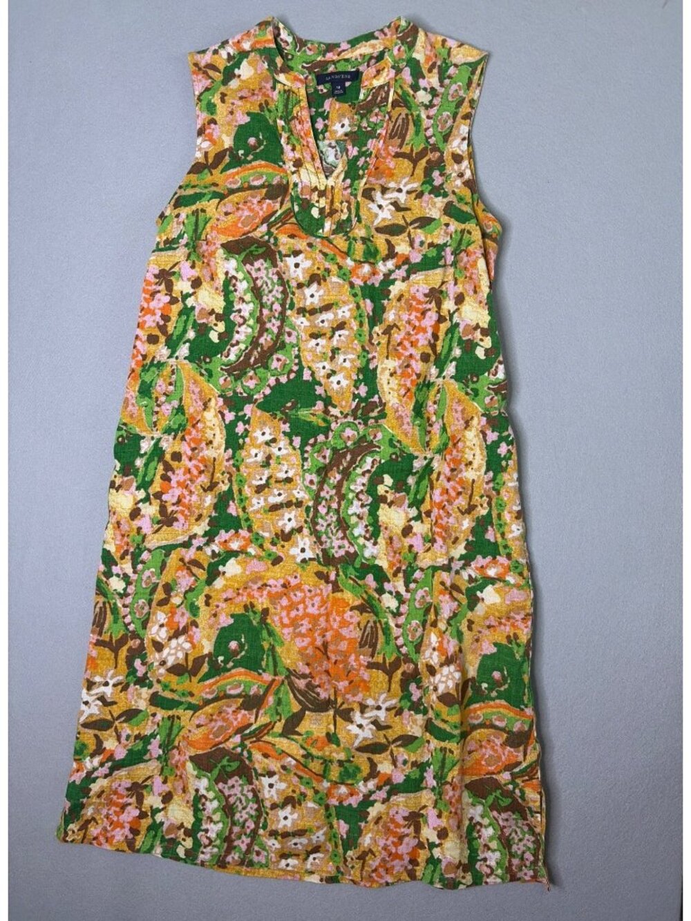 Land's End 100% Linen Sleeveless Midi Shift Dress Size 10 70's Style Print
